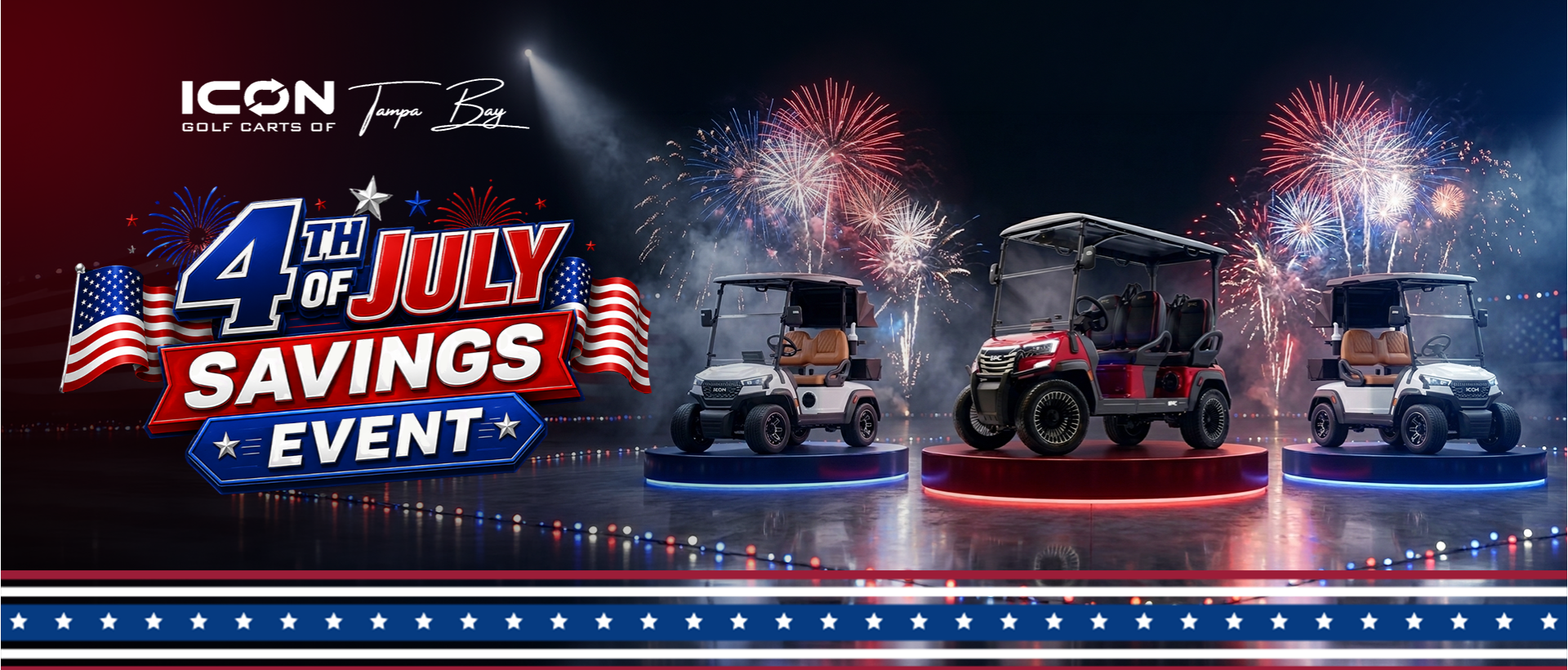 Icon Golf Carts of Florida 4th of July Savings Event featuring premium golf carts with patriotic fireworks and holiday-themed promotions.