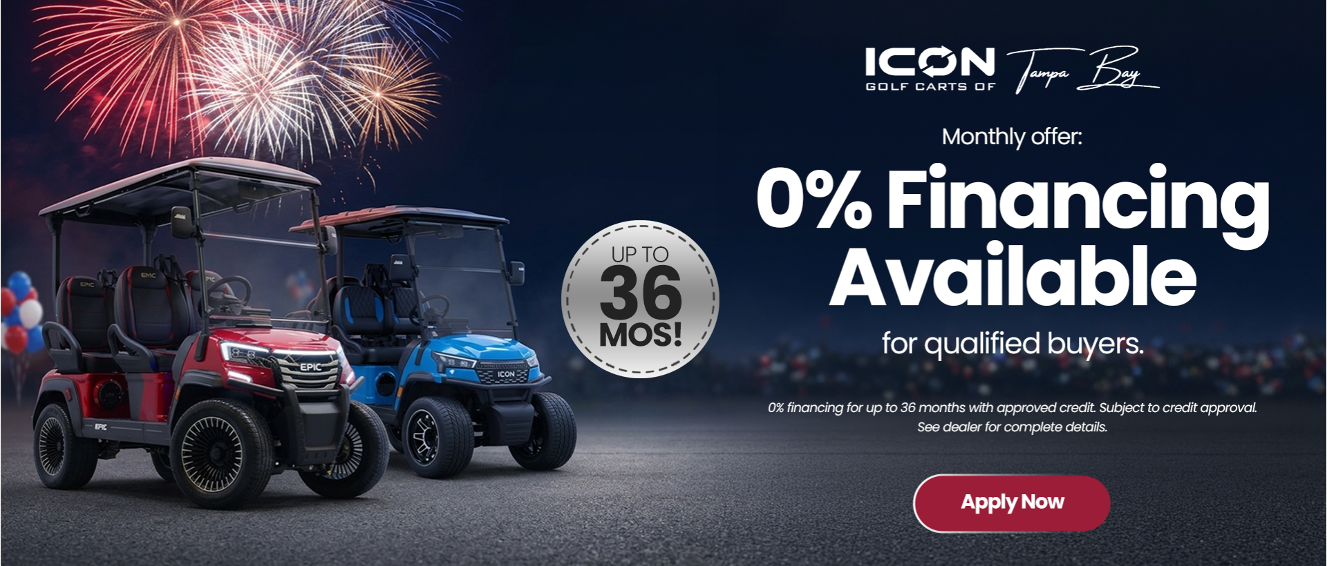 Icon Golf Carts of Florida offering 0% financing for up to 36 months on select golf carts for qualified buyers.